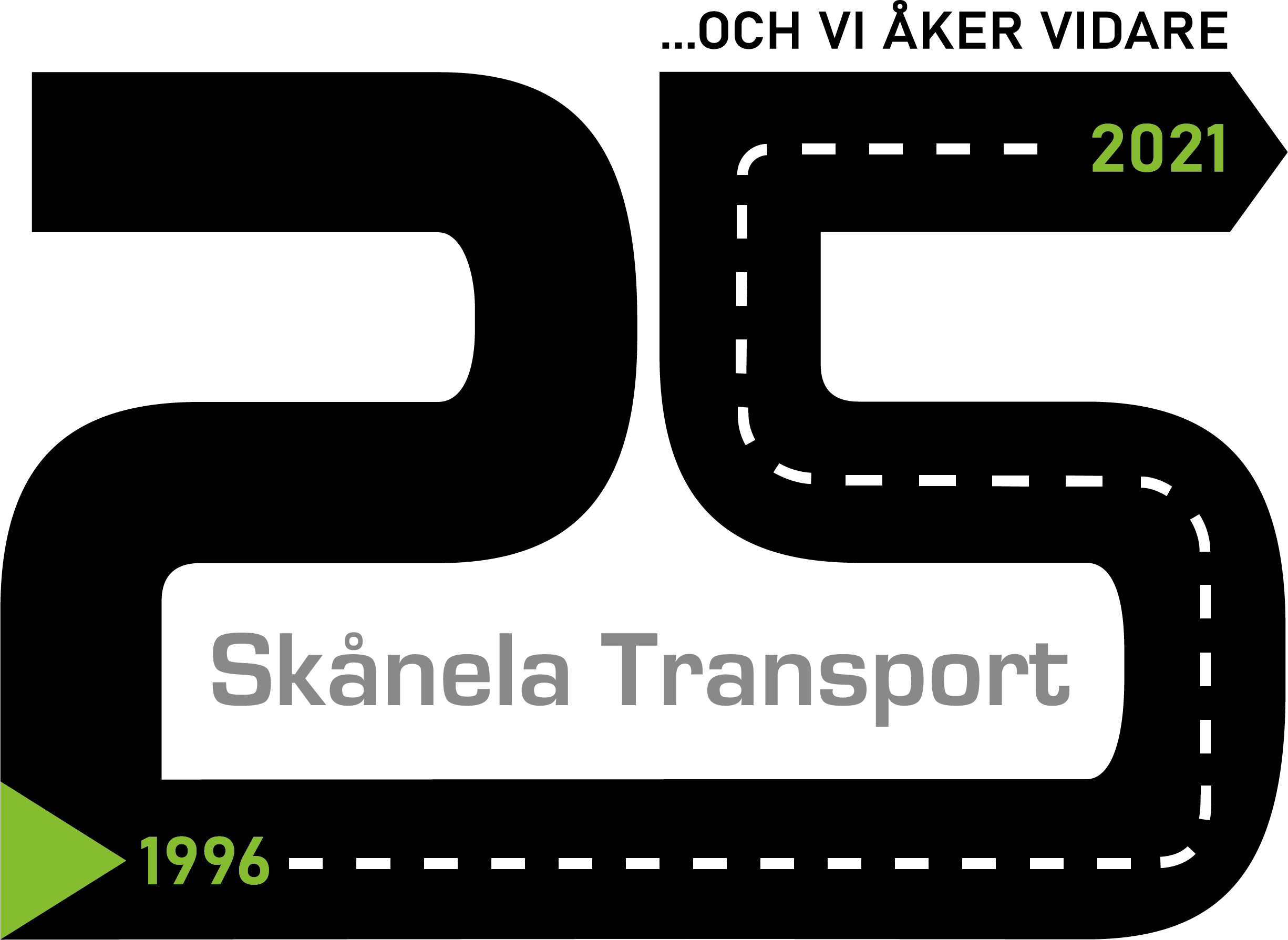 Siffran 25 formad som en bilväg med texten Skånela Transport 1996 och vi åker vidare 2021